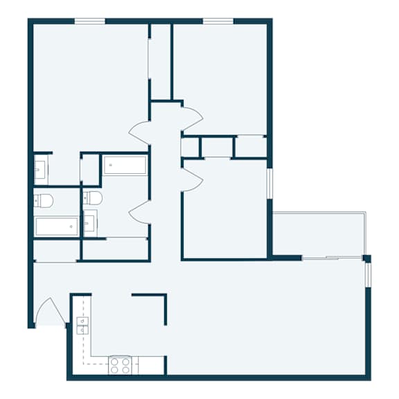 A floor plan of a house with a kitchen, living room, and bedrooms.
