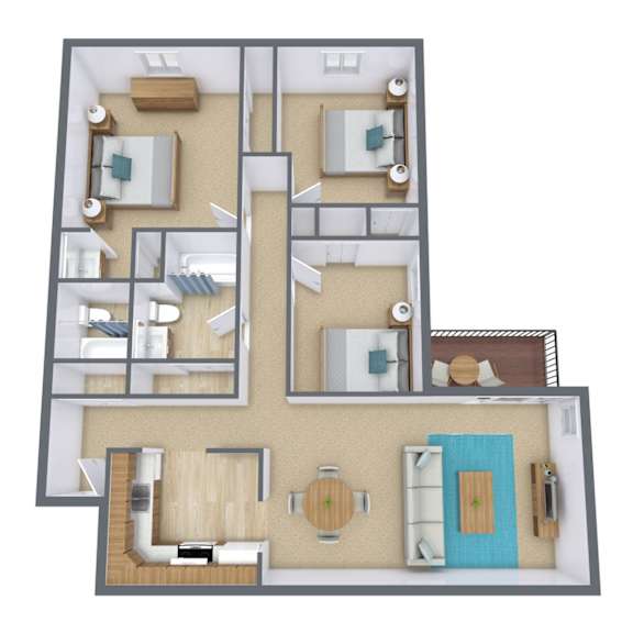 A 3D floor plan of a house with a kitchen, living room, and bathroom.