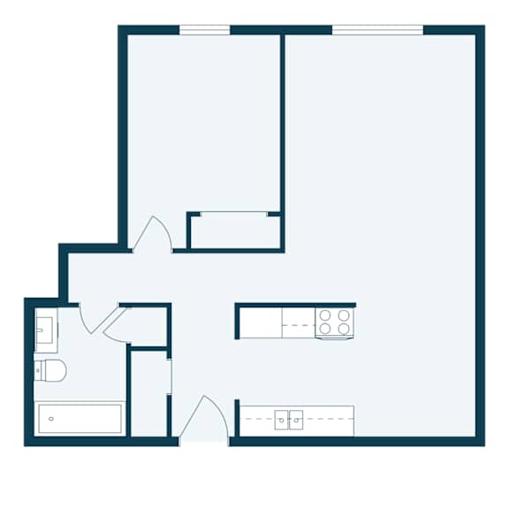A floor plan of a house with a kitchen, living room, and two bedrooms.