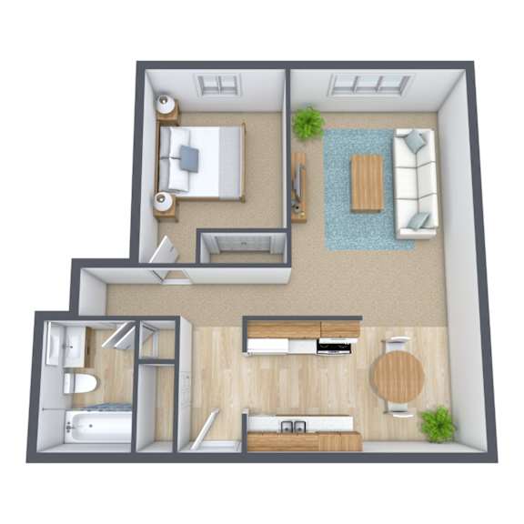A 3D floor plan of a small apartment with a kitchen, living room, and bathroom.