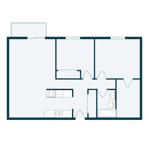 A floor plan of a house with a kitchen, living room, and two bedrooms.