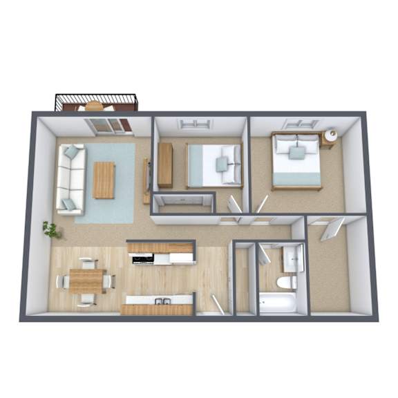 A 3D floor plan of a small apartment with a kitchen, living room, and bedroom.