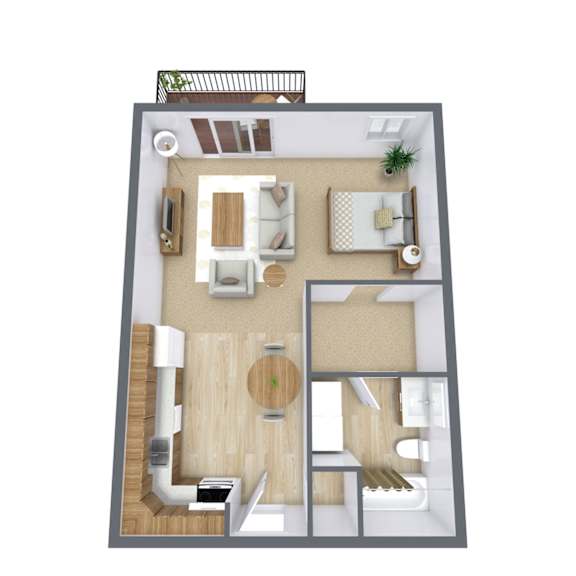 A top-down view of a modern apartment layout with a kitchen, living room, and bathroom.