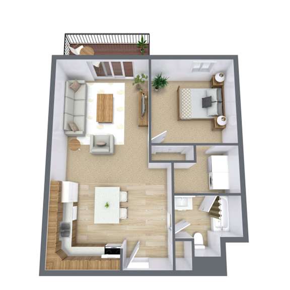 A top-down view of a house layout with a living room, kitchen, and two bedrooms.