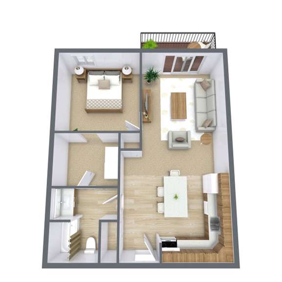 A 3D floor plan of a small apartment with a kitchen, living room, and bathroom.
