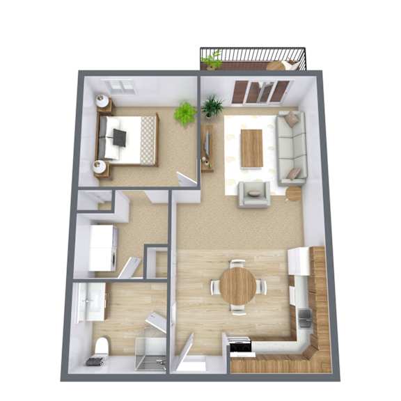 A top-down view of a small apartment with a living room, kitchen, and bathroom.