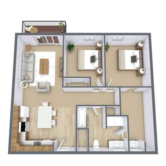 A 3D floor plan of a house with a kitchen, living room, and bathroom.