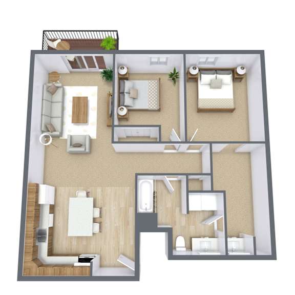 A 3D floor plan of a house with labeled rooms.