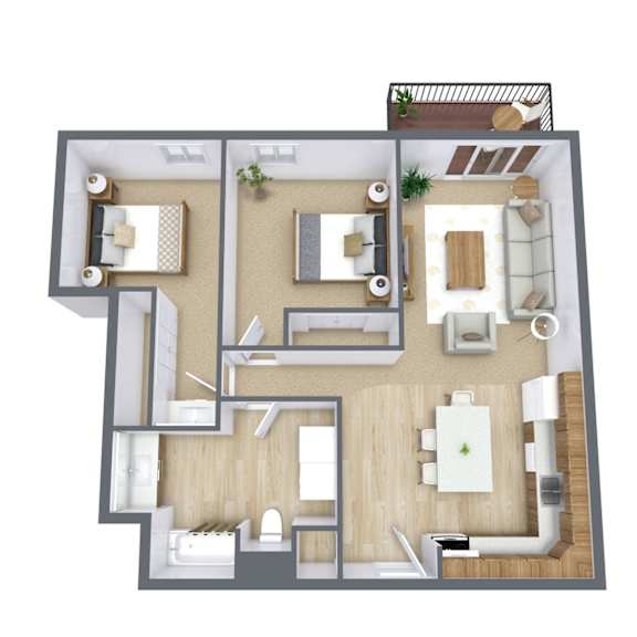 A 3D floor plan of a house with multiple rooms and furniture.