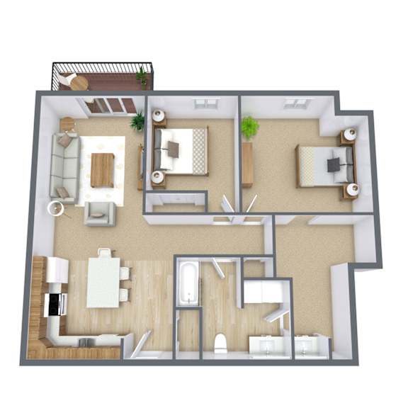 A 3D floor plan of a house with a kitchen, living room, and two bedrooms.