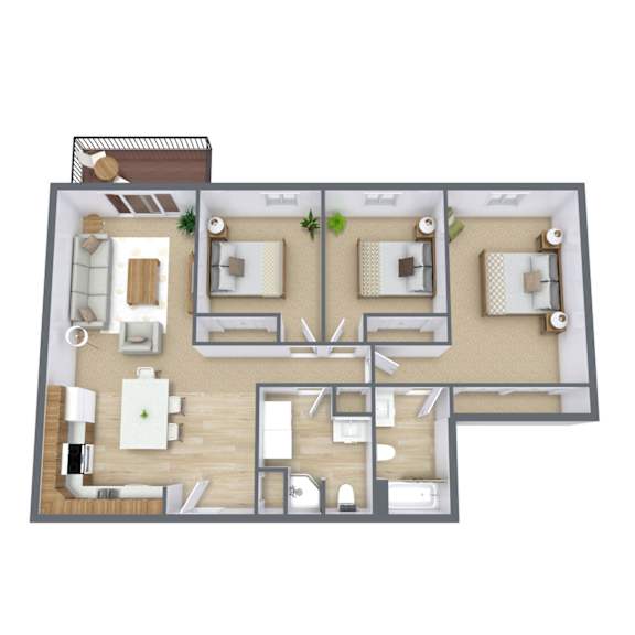A 3D floor plan of a house with two bedrooms, two bathrooms, a living room, a kitchen, and a dining area.