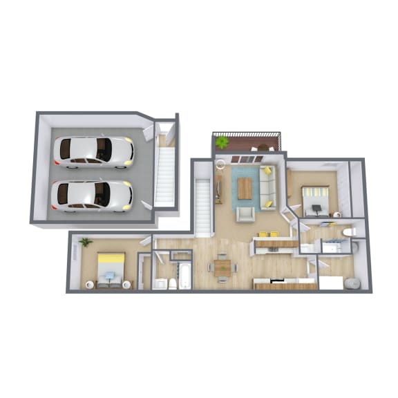 a 3d floor plan of a residence and a car garage