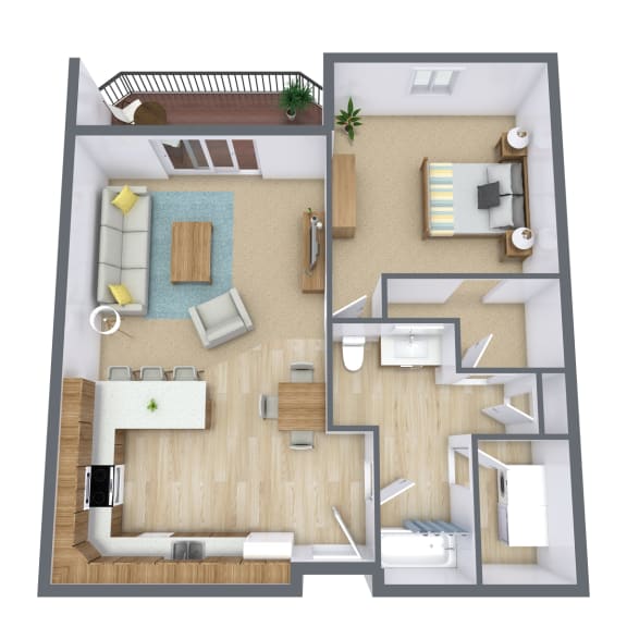 a 3d drawing of the layout of a bedroom with a bathroom and living room