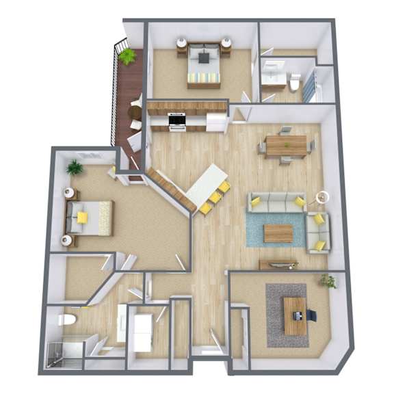 A top-down view of a house layout with a living room, kitchen, and two bedrooms.