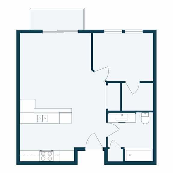 A floor plan of a house with a kitchen, living room, and two bedrooms.