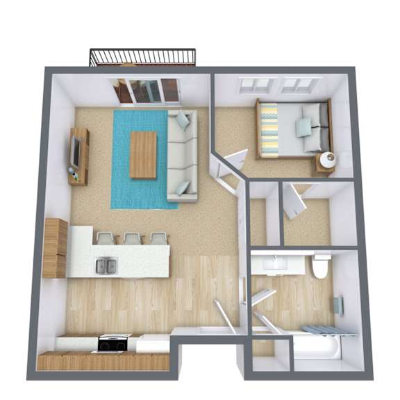 A 3D floor plan of a small apartment with a kitchen, living room, and bathroom.