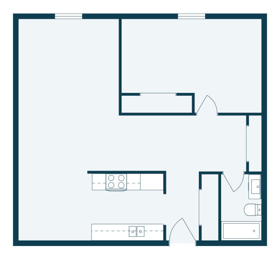 a floor plan of a living room with a bedroom and a kitchen