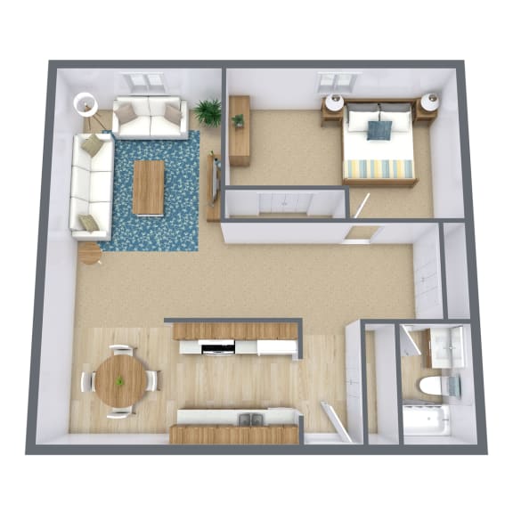 a bedroom with a living room and a dining room