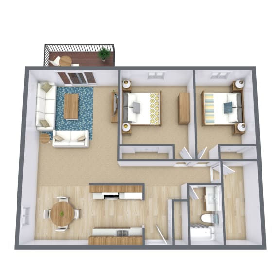 a 3d floor plan of a bedroom with a living room