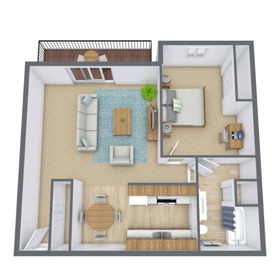 A 3D floor plan of a small apartment with a living room, kitchen, and bathroom.
