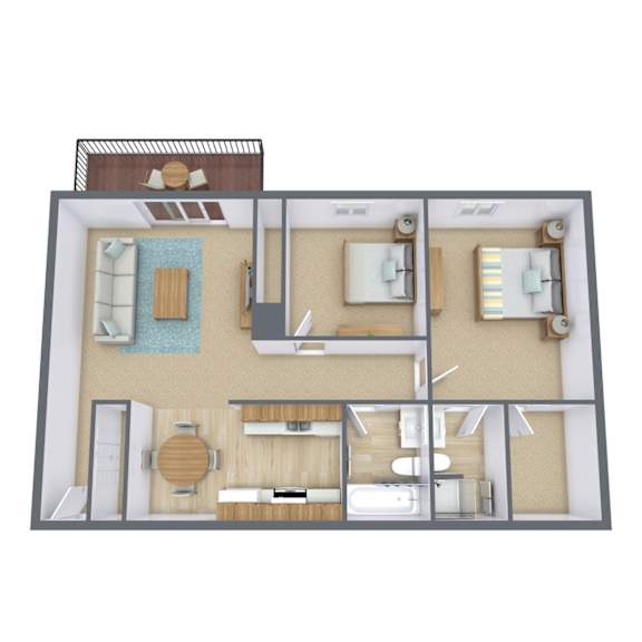 A 3D floor plan of a house with a kitchen, living room, and bathroom.