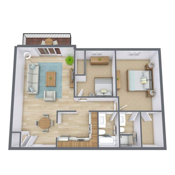 A 3D floor plan of a house with a kitchen, living room, dining room, and bathroom.