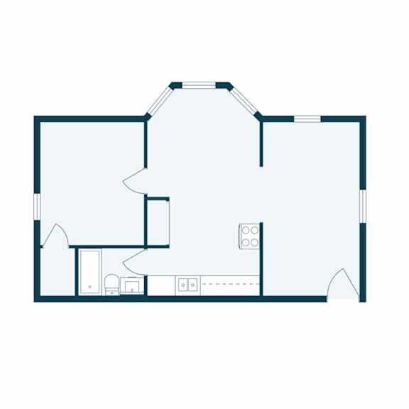 A floor plan of a house with a kitchen, living room, and two bedrooms.