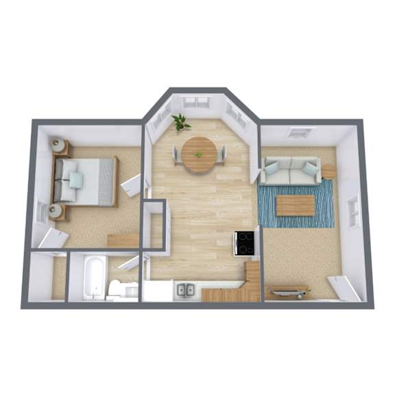 A top-down view of a house layout with a living room, kitchen, and bedrooms.
