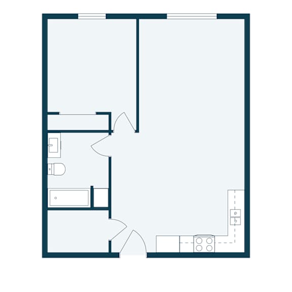 A floor plan of a house with a kitchen, living room, and two bedrooms.