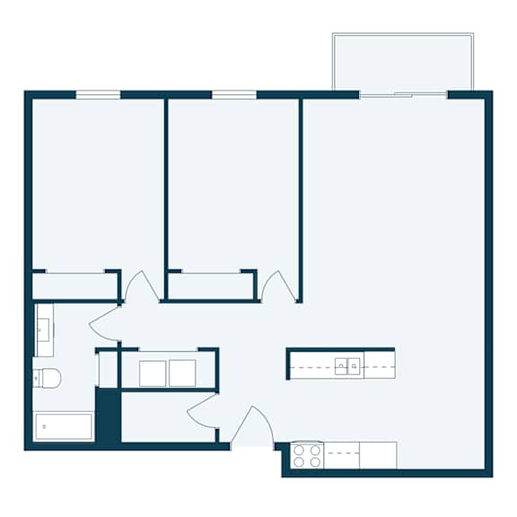 A floor plan of a house with a kitchen, living room, and two bedrooms.