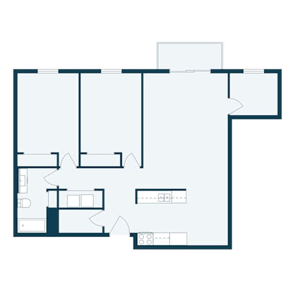 A floor plan of a house with a kitchen, living room, and two bedrooms.