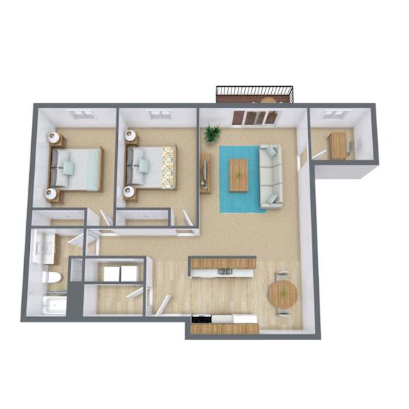 A top-down view of a house layout with a kitchen, living room, and bathroom.