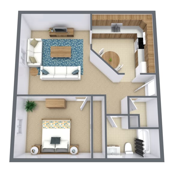 Floor Plan  a 3d drawing of a bedroom with a bathroom and a living room
