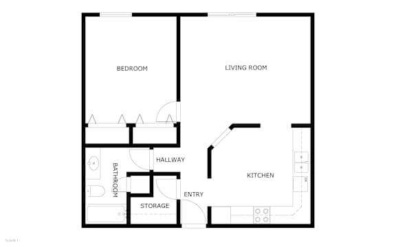 Flickertail Apartments | One Bedroom Floor Plan 11D A floor plan of a house with a bedroom, living room, kitchen, bathroom, entry, and storage.
