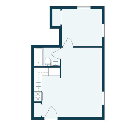 a floor plan of a house with a bedroom and a living room and a kitchen