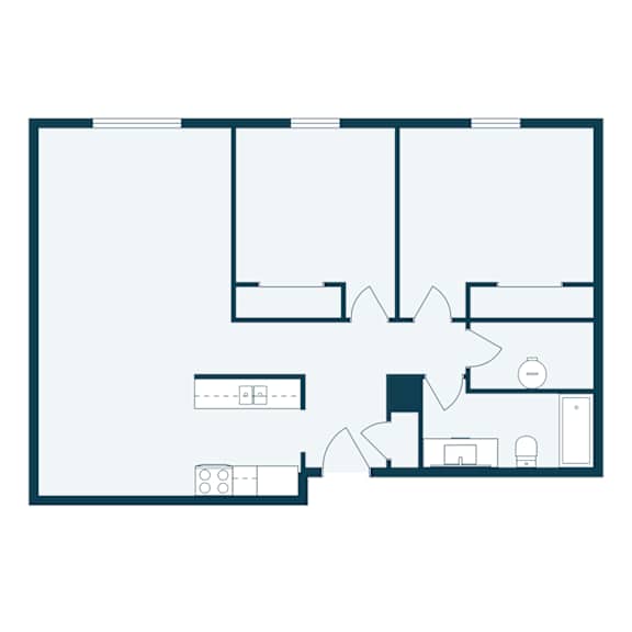 A floor plan of a house with a kitchen, living room, and two bedrooms.