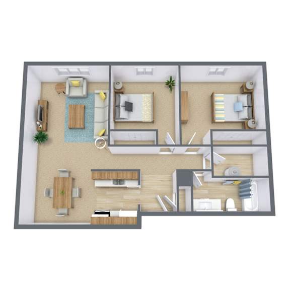 A 3D floor plan of a house with a kitchen, living room, and two bedrooms.