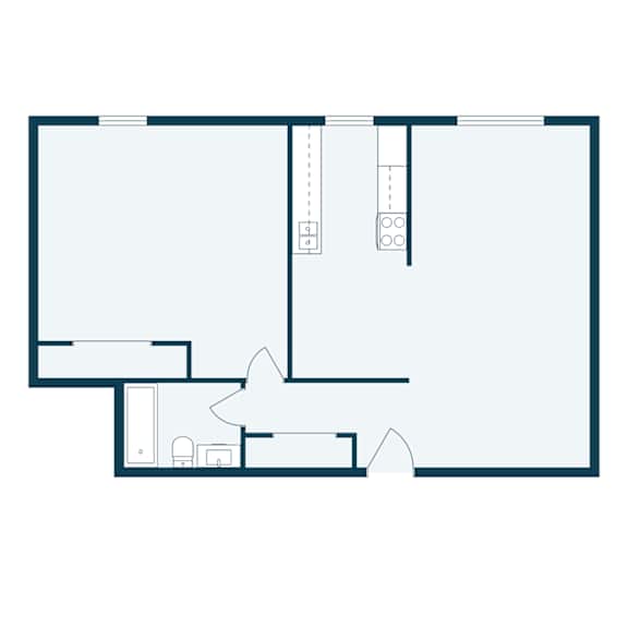 A floor plan of a house with a kitchen, living room, and two bedrooms.