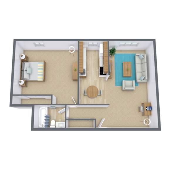 Floor Plan  A 3D floor plan of a house with a living room, kitchen, and two bedrooms.