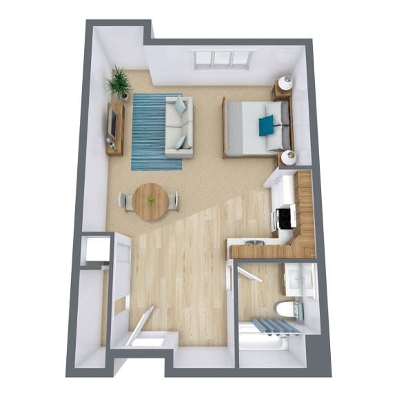 Floor Plan  a stylized floor plan of a small apartment with a bedroom and living room