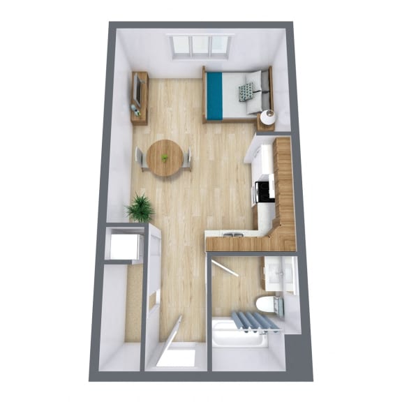 Floor Plan  a floor plan of a small apartment with a bedroom and a bathroom