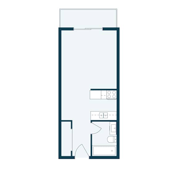 A floor plan of a house with a kitchen, living room, and two bedrooms.