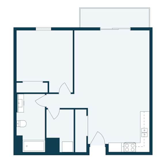 A floor plan of a house with a kitchen, living room, and two bedrooms.