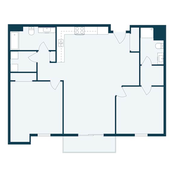 A floor plan of a house with a kitchen, living room, and two bedrooms.