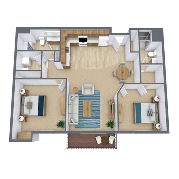 Floor Plan  A top-down view of a house layout with a central living area, two bedrooms, a kitchen, and a bathroom.