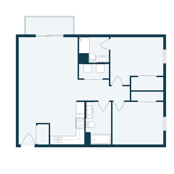 A floor plan of a house with a kitchen, living room, and two bedrooms.