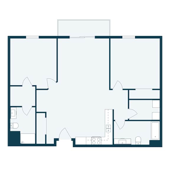A floor plan of a house with a kitchen, living room, and two bedrooms.
