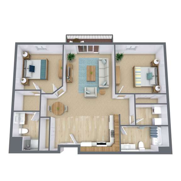 A top-down view of a house interior with a central living room, two bedrooms, a kitchen, and a bathroom.