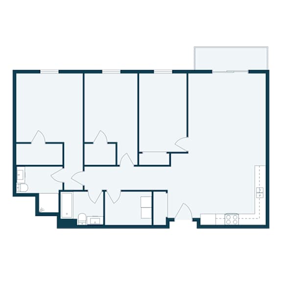 A floor plan of a house with a kitchen, living room, and two bedrooms.