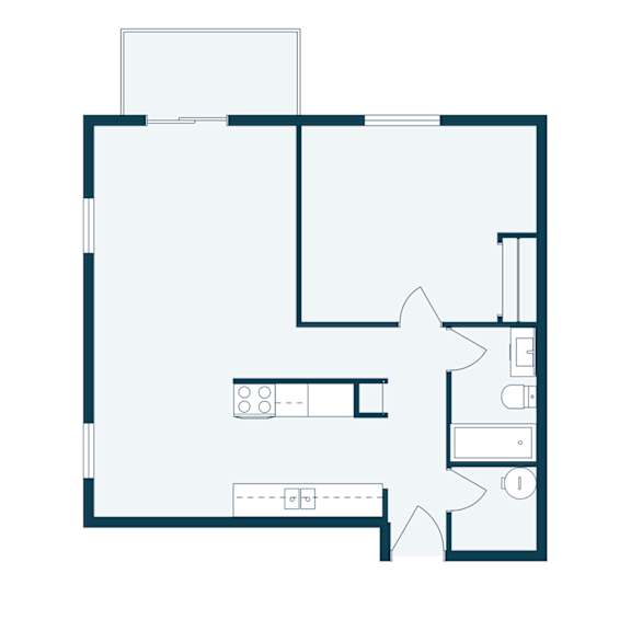 A floor plan of a house with a kitchen, living room, and bathroom.